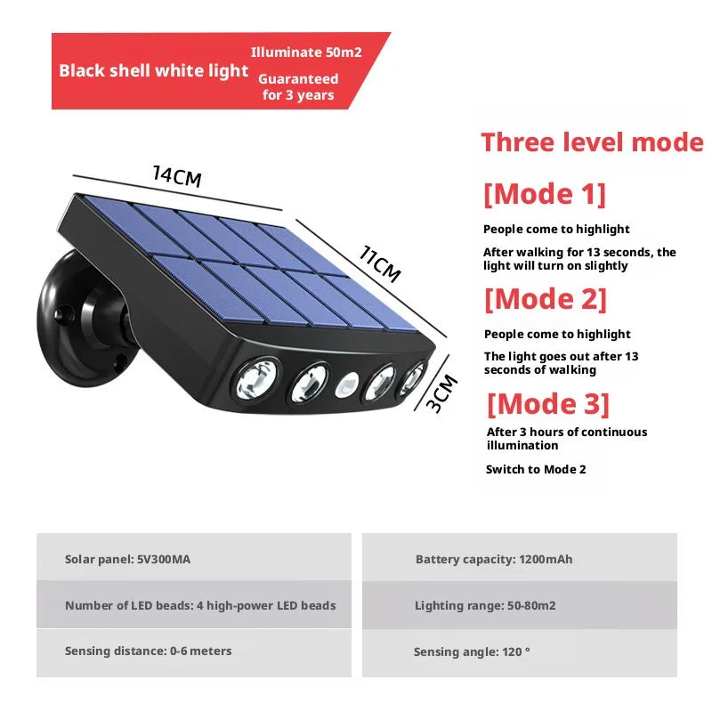 Solar LED Outdoor Street Lamp | IP65, Motion Sensor, 4-Light