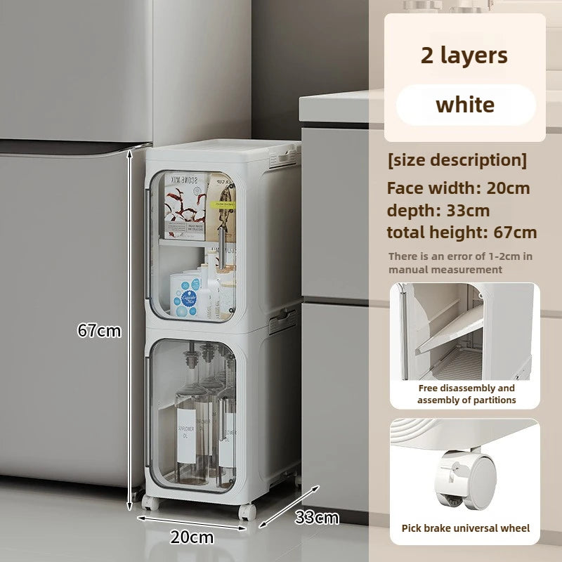 Household bathroom narrow seam storage cabinet, multifunctional foldable with wheels, dust-proof and crevice storage cabinet Oasis Select 2 layers -white