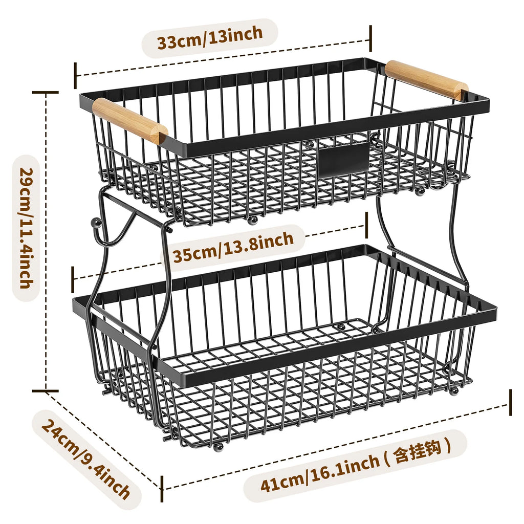Kitchen Fruit Shelf Living Room Double-layer Removable Storage Rack Tray Wooden Handle Portable Vegetable and Fruit Basket Oasis Select Black double layer