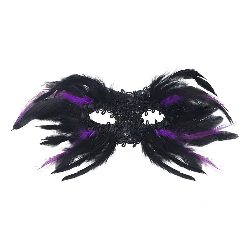Gothic Halloween Feather Half-face Mask Performance Ball Eye Mask Sequins Oasis Select black purple