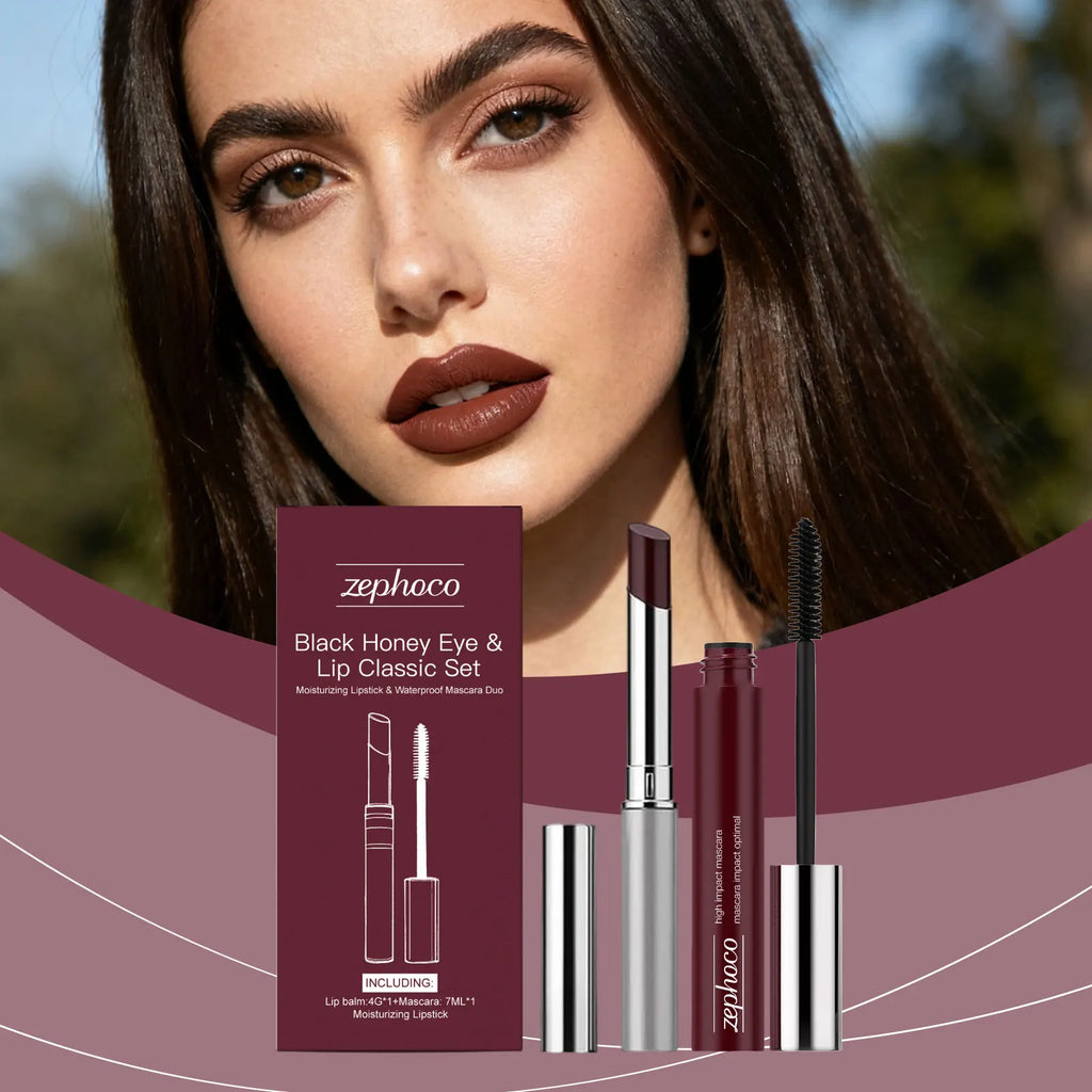 Anti-Fading Black Honey Eye & Lip Classic Set Moisturizing Glossy Plumping Lips Lipstick Eyelashes Curling Makeup Cosmetic Tool Oasis Select