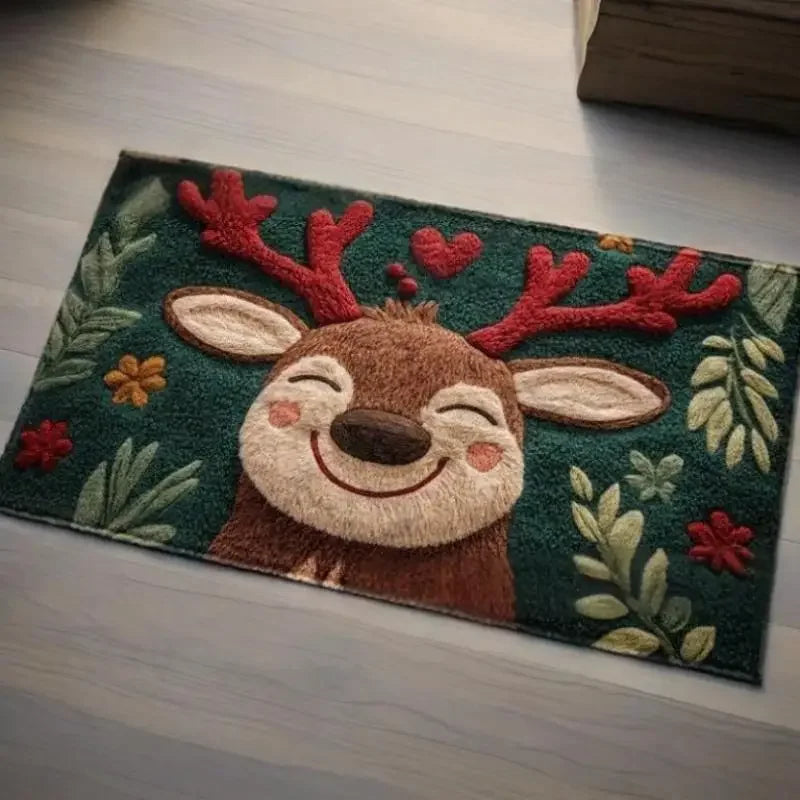 1pc Fluffy Christmas Deer Microfiber Bath Mat - Quick-Dry & Absorbent, Festive Holiday Design With Red Berries & Green Leaves Oasis Select