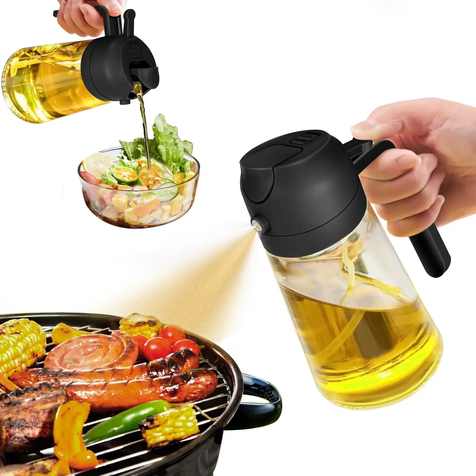 1pc Oil Dispenser Bottle for Kitchen,2 in 1 Olive Oil Dispenser and Oil Sprayer,Oil Spray Bottle 470ML/ 16OZ for Cooking, Kitche Oasis Select black