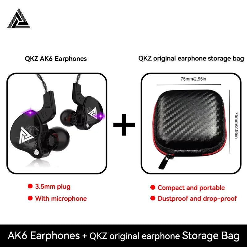 Original QKZ AK6 HiFi Wired EarphoneRace Sport Headphone Bass Stereo Noise Reduction Headset MusicEarbuds In Ear With Mic Oasis Select Black With Bag