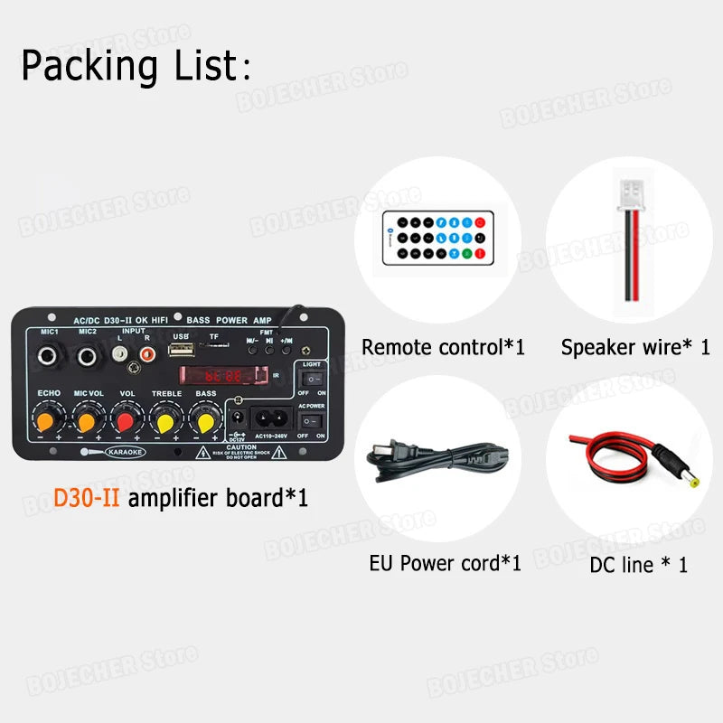 DC 12V Bluetooth 5.0 Digital Audio Amplifier Board Dual Mic AC 110V 220V Subwoofer Karaoke AMP Home Theater Car Speaker 30W 50W Oasis Select D30-II EU