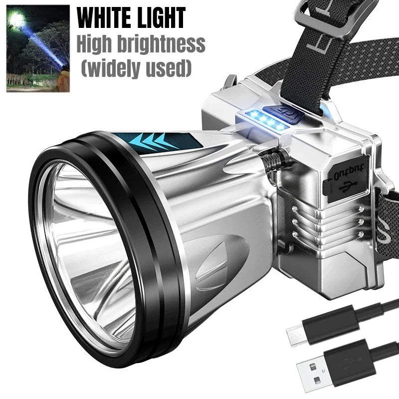 Outdoor Head Flashlight Fishing Lamp Super Bright LED Rechargeable High-power Headlights High Brightness Emergency Charging Oasis Select T998 -White light