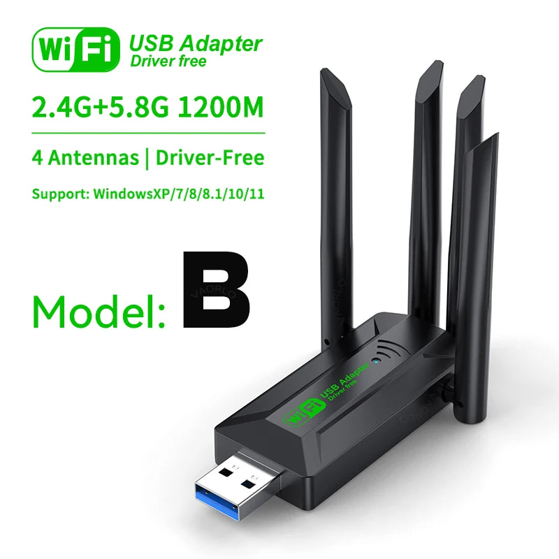 VAORLO 1200Mbps WiFi USB Adapter WiFi5 Dual Band 2.4G+5.8Ghz 4 Antenna Dongle USB3.0 High-Speed Wireless Card Receiver PC/Laptop Oasis Select Model B