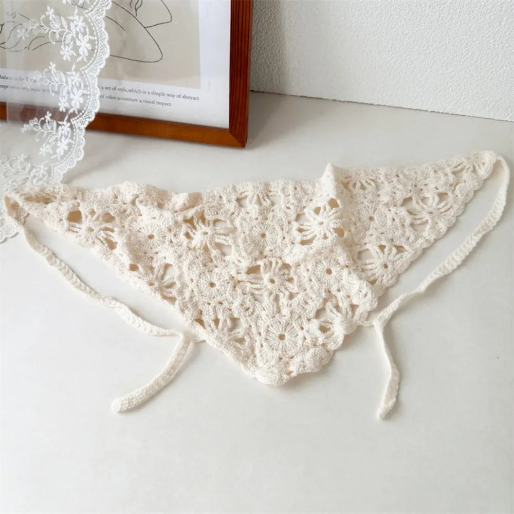 French Handmade Knitted Headscarf Hat Hollowed Sunshade Crochet Headband Triangle Flower Headscarf Beach Photography Oasis Select Beige