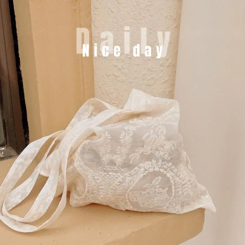 Embroidered Lace Organza Tote Bag – Vintage Handmade Purse