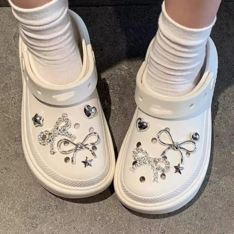 Elegant Rhinestore Bowknot Clogs Accessories Summer 2026 Woman's Luxury DIY Shoes Charms Set Y2K Metal Heart Shoes Decorations Oasis Select 1