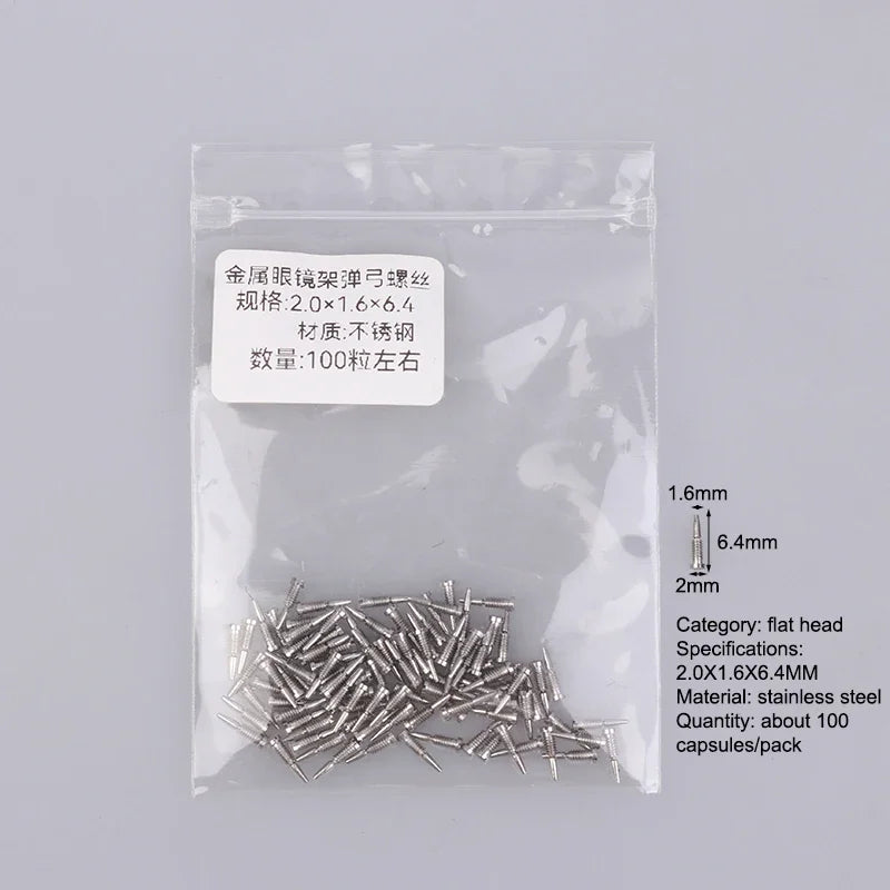 100Pcs Glasses Spring Hinge Screws Optical Eyewear Accessories Pointed End Self Aligning Screw Repair Supplies Oasis Select 2.0x1.6x6.4