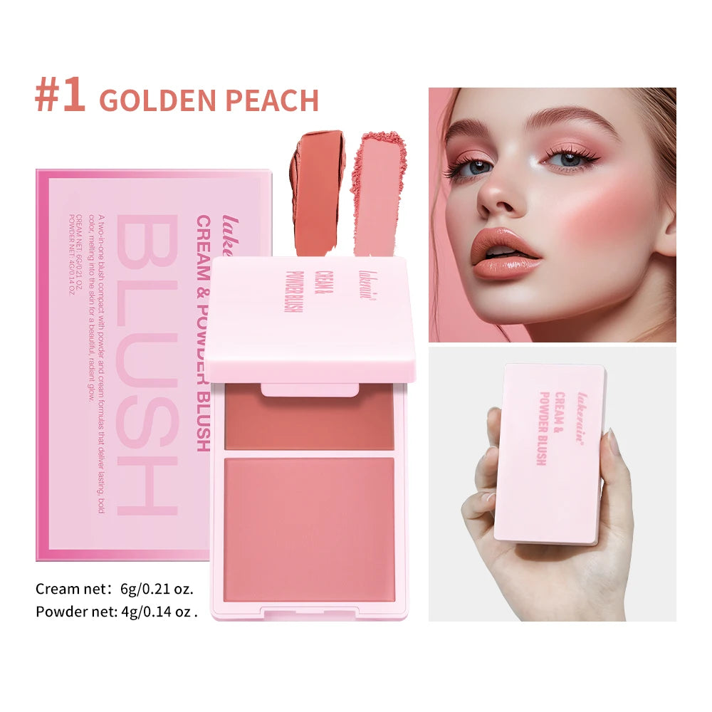 Lakerain 2 IN 1 Cream & Powder Blush Long-Lasting Wearing High Pigment Natural Pink Blusher Waterproof Matte Blush Makeup Oasis Select 1Golden Peach