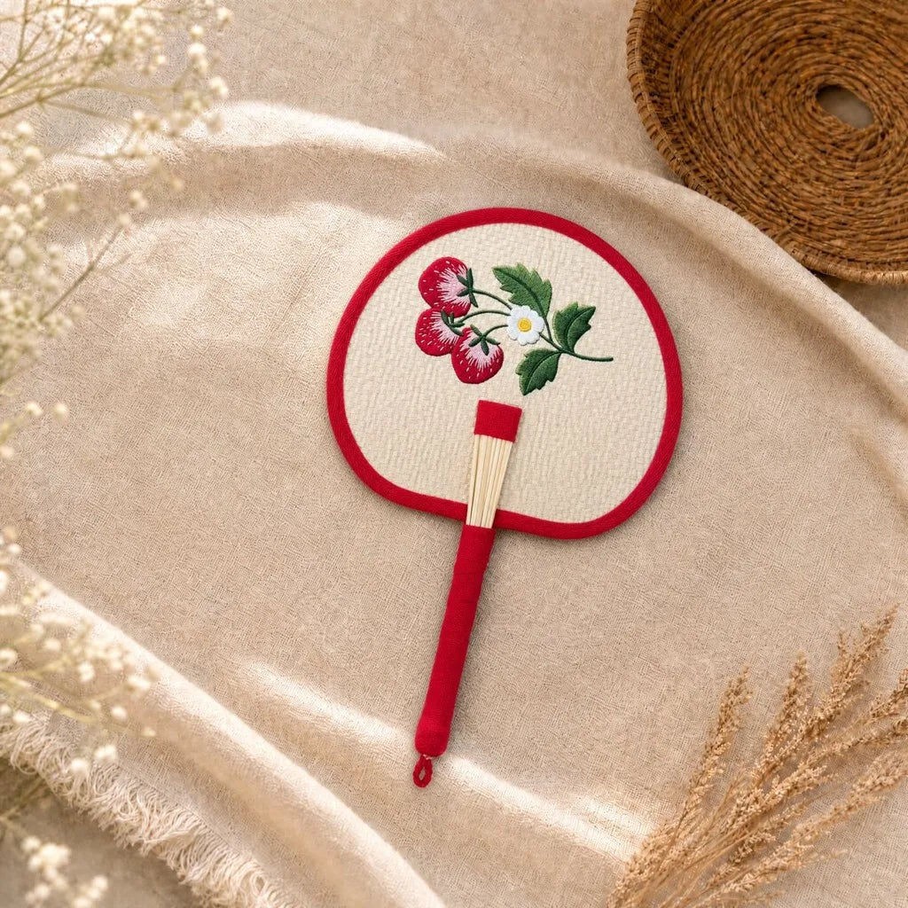 Handmade Embroidered Handheld Palm Fan Chinese Style Portable Wheat Straw Fan for Summer Cooling Fans Home Decor Ornaments Oasis Select Red