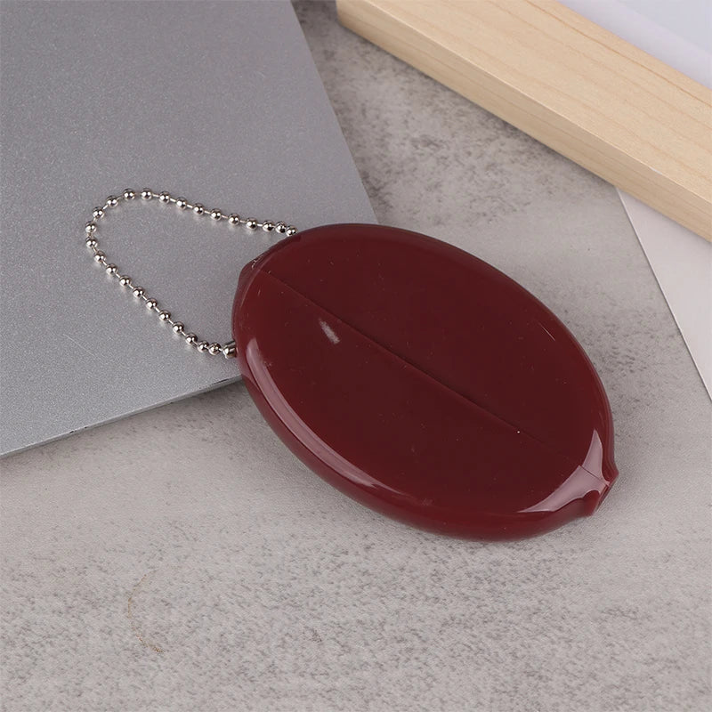 Small Oval Coin Purse Mini Earrings Rings Storage Box With Chain Solid Color PVC Fashion Portable Bag Pendant Oasis Select Coffee