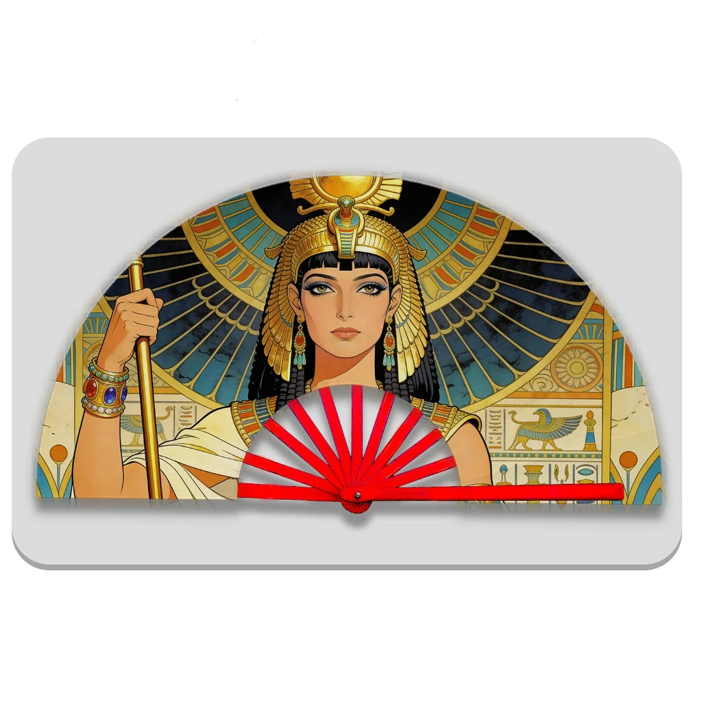 13" Egyptian Cleopatra Folding Fan - Plastic Rib Large Hand Fan for Cosplay, Ancient Egypt Party Decor & Summer Cooling Oasis Select Red