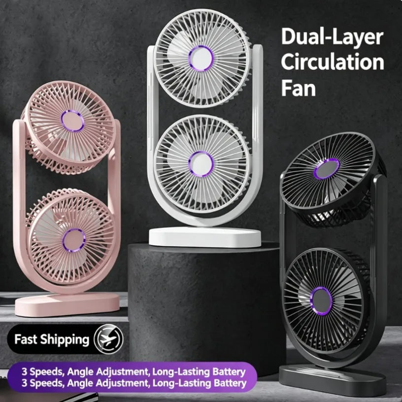 Portable Turbo Desk Fan 3 Speeds Ultra Quiet Type-C Rechargeable Dual Head Air Circulation Fan for All USB Power Sources Oasis Select