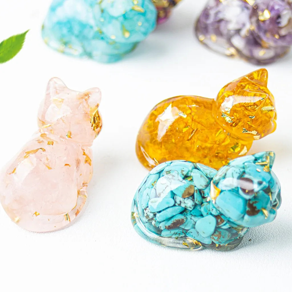 Crystal Chip Epoxy Lying Cat Figurine | Desk Decor & Gift