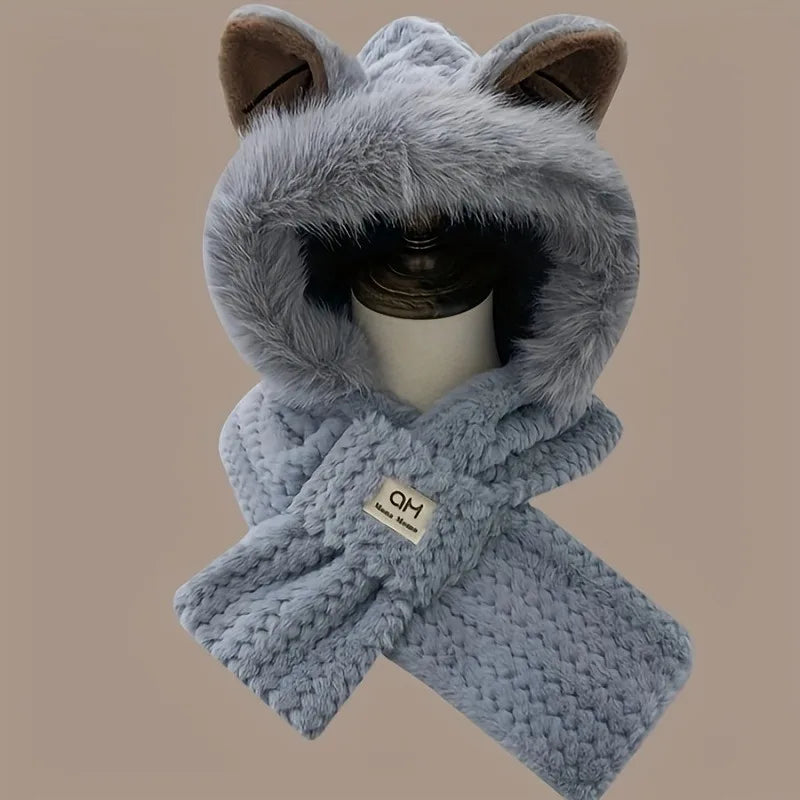 1PC Women's Cat Ear Hat with Pom-Pom, Soft Fleece Lined Winter Beanie for Christmas Gift, Cute Animal Themed Festival Cap Oasis Select grayish blue