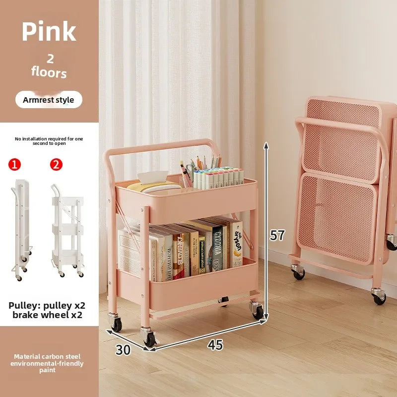 Multi-functional trolley rack household folding multi-layer carbon steel storage rack Oasis Select Pink C