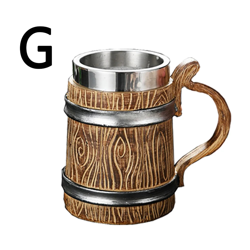 Wooden Barrel Beer Cup Stainless Steel Coffee Mug Viking Style Vintage Beer Mug Double Wall Drinking Cup Halloween Bar Drinkware Oasis Select G 600ml
