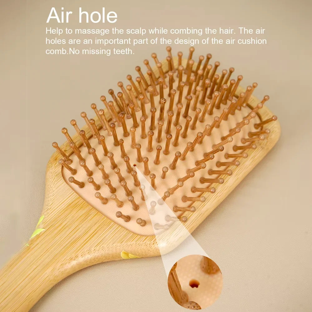 Sunflower Bamboo Air Cushion Hair Brush - Natural Wooden Massage Comb for Hair Care Anti-Static Detangling Styling Gift Oasis Select