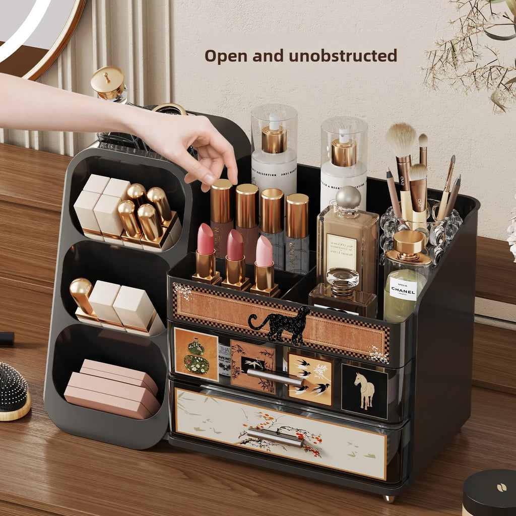 Dressing Table Storage Box Desktop Antique Style Cosmetics Dust-proof Drawer Style Organizing Box Lipstick Storage Rack Oasis Select