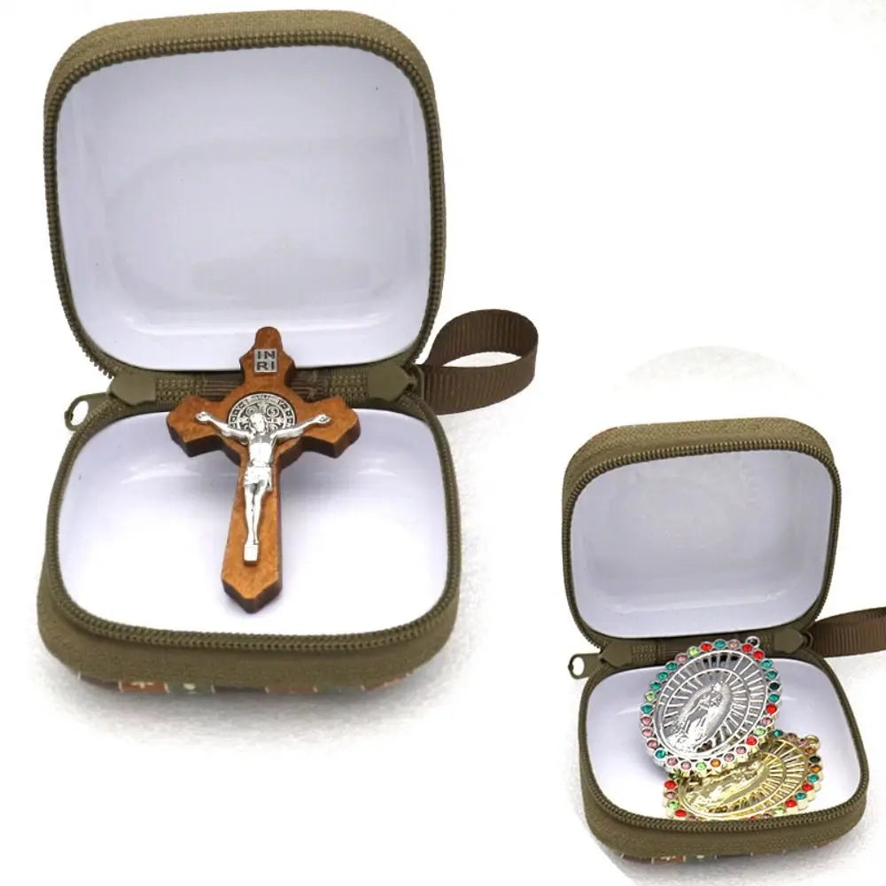 Virgin Mary Prayer Rosary Storage Bag Iron Artwork 7x7cm Religious Articles Cartoon Zippered Religious Jewelry Box Oasis Select