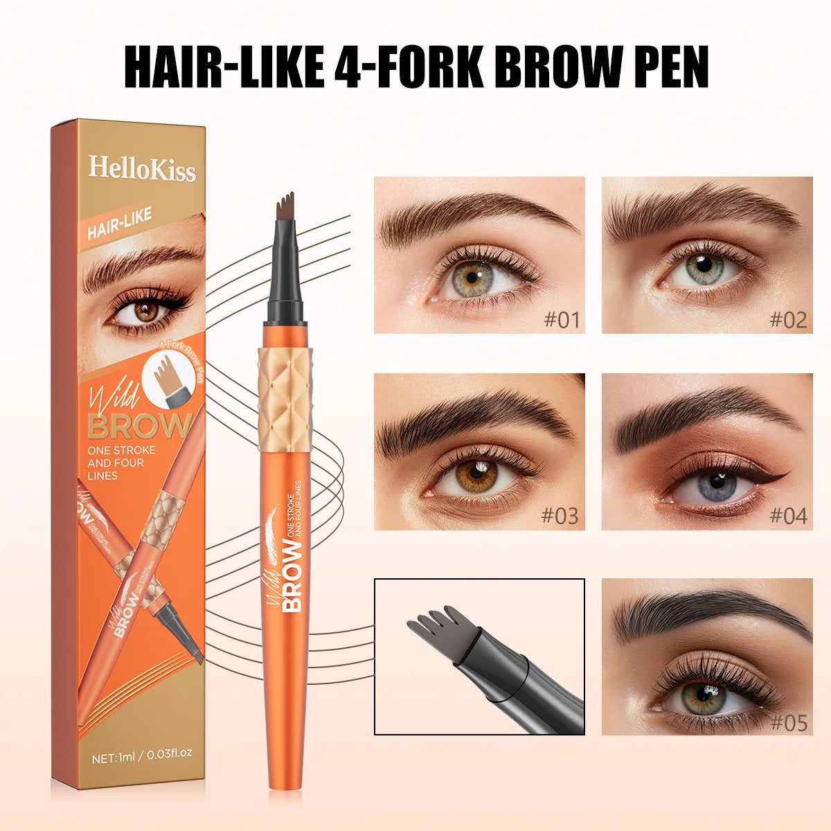 Hello Kiss 4-Tip Liquid Eyebrow Pen – Waterproof, Long-Lasting