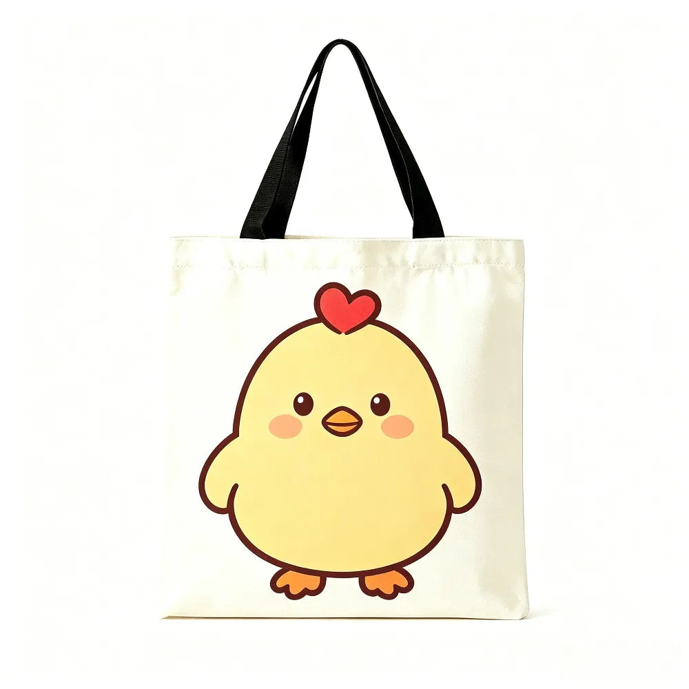 Cute Yellow Chick Red Heart Print Canvas Tote Bag Eco Reusable Shoulder Bag Grocery Daily Shopping Bag Oasis Select Black