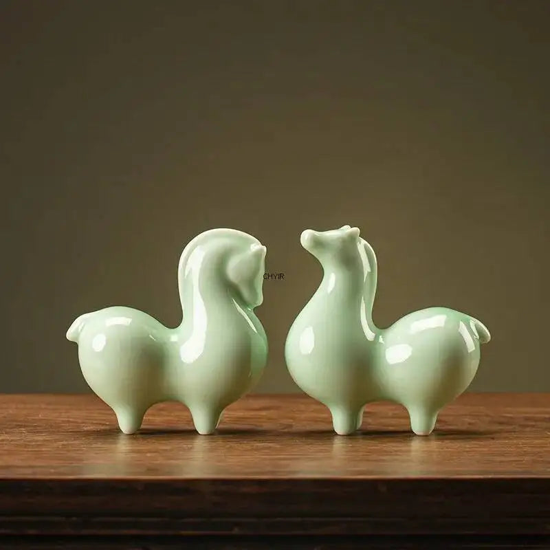 Ceramic Tea Pet Green Horse Small Ornament Home Living Room Study Office Desktop Decoration Tea Play Thing Cute Tang Horse Oasis Select
