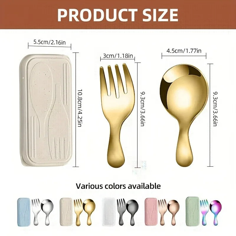 3pcs Portable Cutlery Set, Stainless Steel Short Handle Round Head Spoon, Mini Spoon and Fork Set Boxed Oasis Select golden