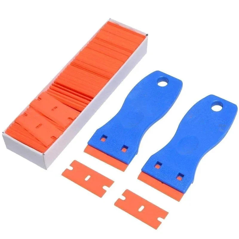 100 Pieces Two Cutting Plastic Razor Blade Label Clean Razor Glue Remover Window Glass Clean Scraper Car Wrap Sticker Squeegee Oasis Select 1SET