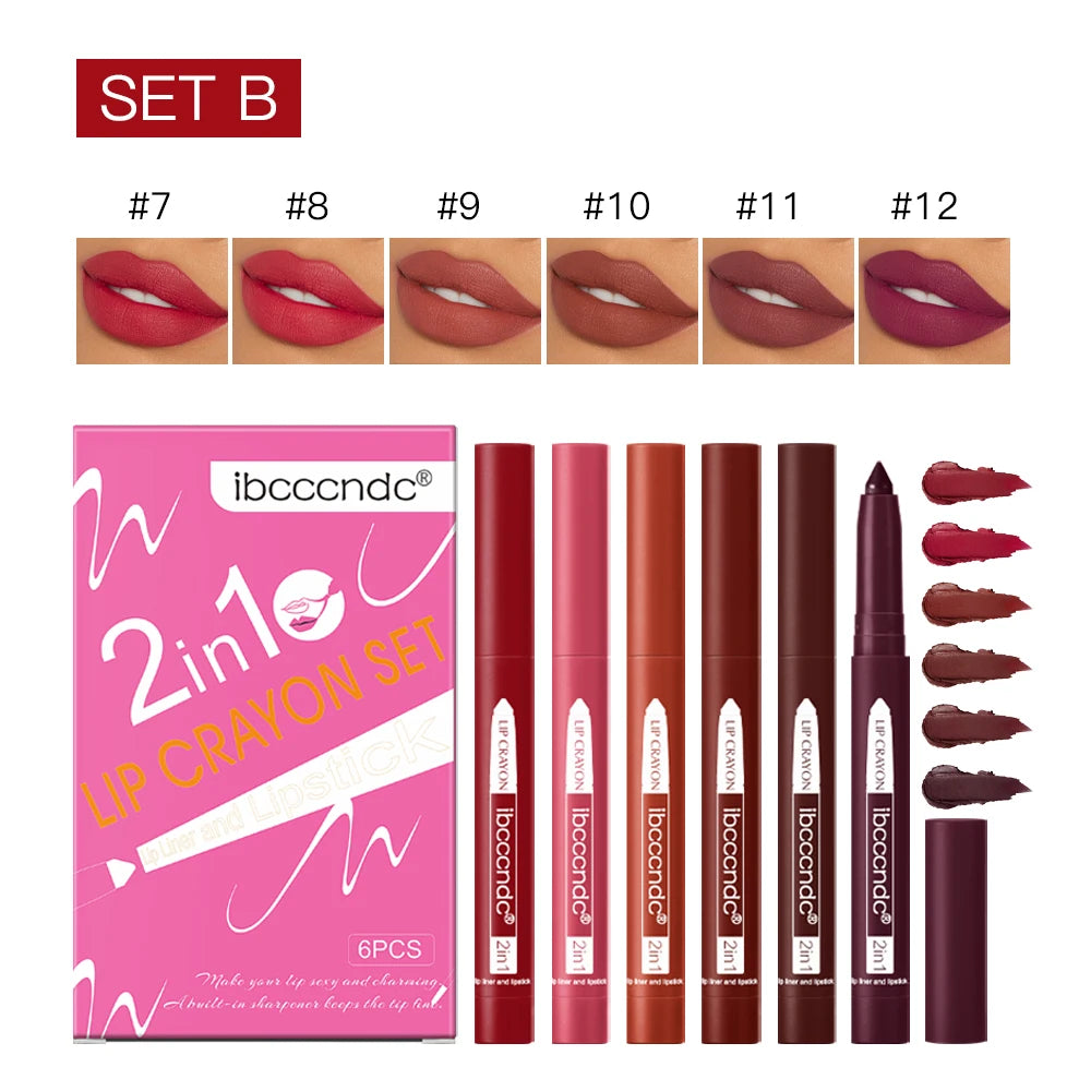 ibcccndc 6-Pc Matte Waterproof Lip Liner & Lipstick Set Lip Liner Set Oasis Select Set B