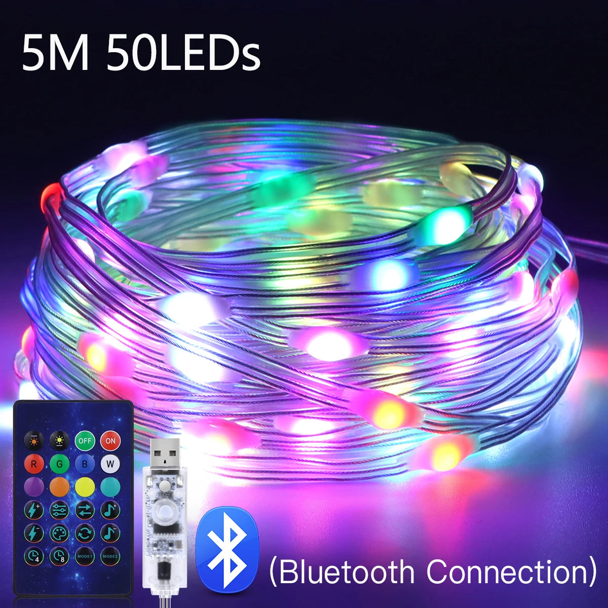 Dreamcolor WS2812B RGBIC Bluetooth APP Control LED String Lights DIY USB Lamp Fairy Garland for Party Festival Tree Wedding Deco Oasis Select 5M 50LEDs