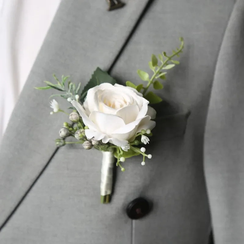 Boutonnieres Flowers Artificial White Roses Silk Ivory Corsage Buttonhole Groomsmen Boutonniere for Men Wedding Accessories Oasis Select