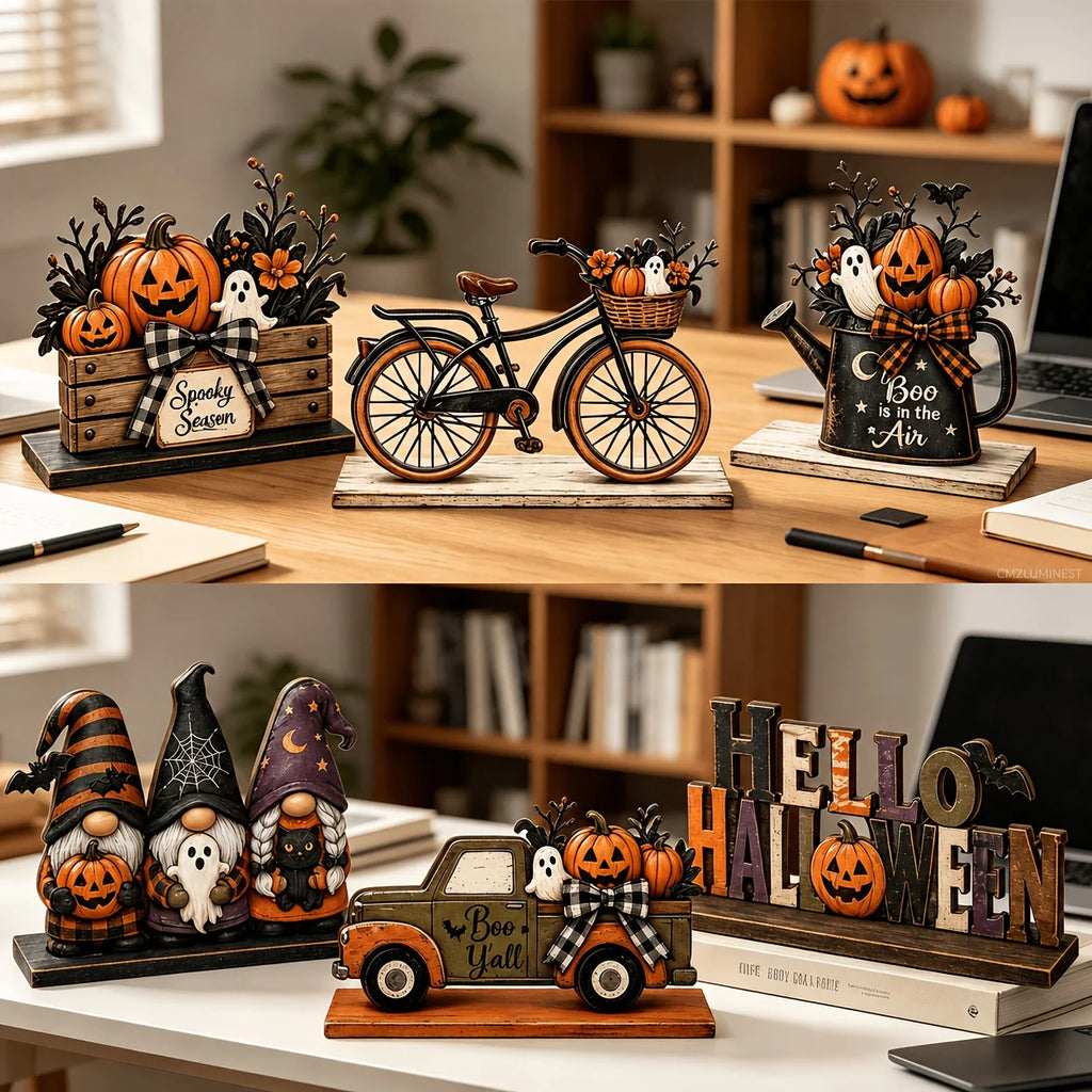 Halloween wooden dining table decoration, with patterns of fairies, trucks, ghosts, bicycles, etc. on the decorations. Oasis Select