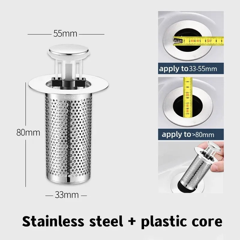 Stainless Steel Floor Drain Filter Mesh Pop-Up Bounce Core Basin Drain Stopper Shower Hair Catcher Strainer Bathroom Accessories Oasis Select Type B-80mm