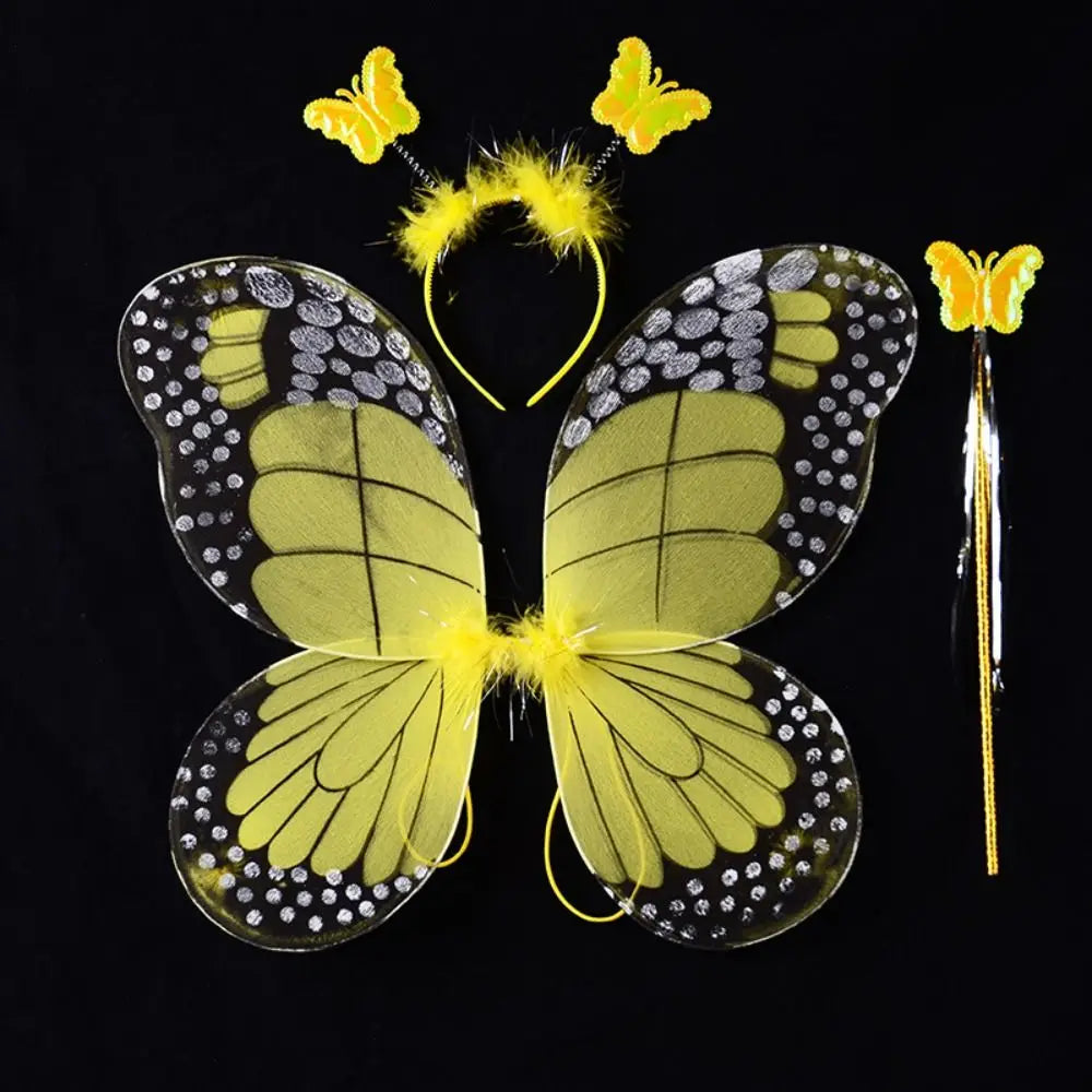 Simulation Butterfly Wings Pointed Tutu Skirt Headband Wand Adult Kids 3/4Pcs Fairy Costume Set Princess Girls Party Gift Oasis Select Yellow-3 pcs-set