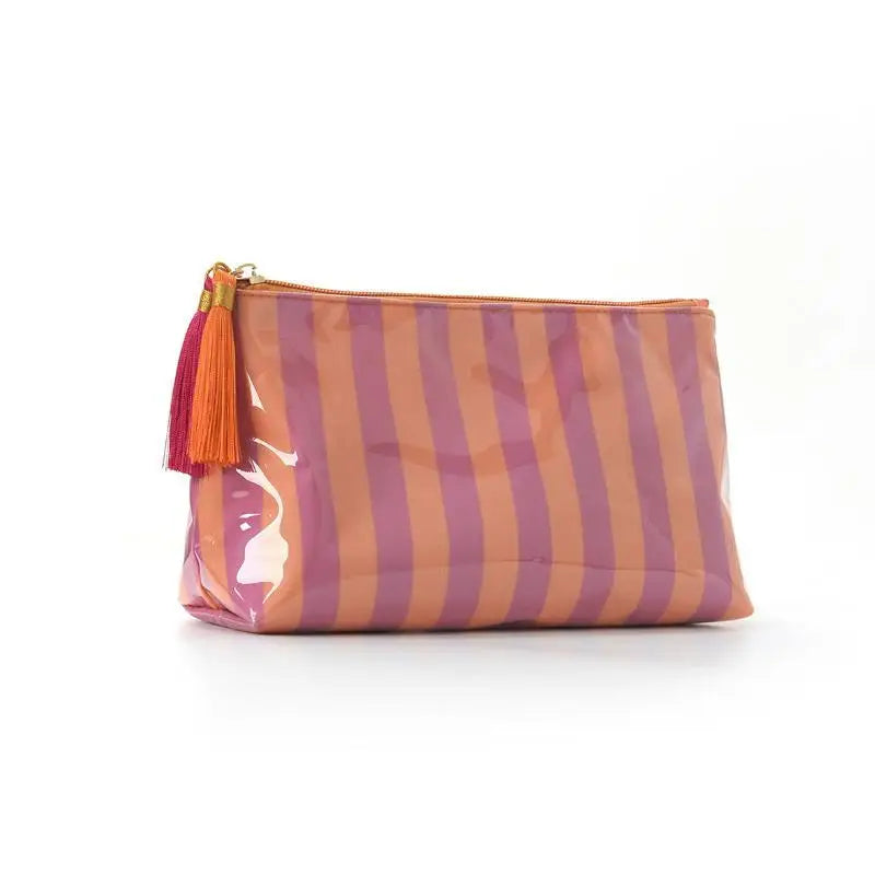 Waterproof Striped PVC Cosmetic Bag with Tassel Zipper