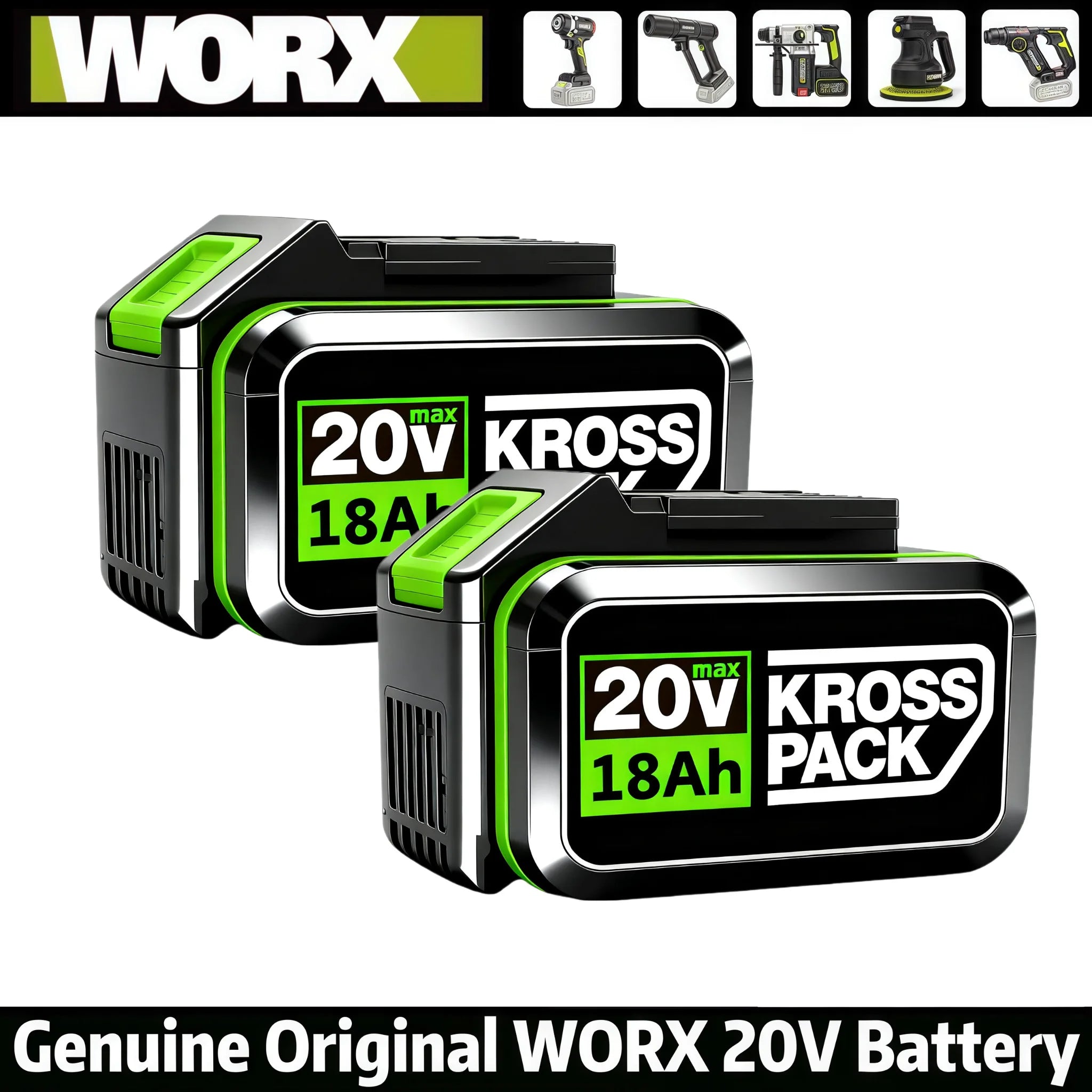 New High-capacity 20V Worx 18000mAh Replacement Lithium-ion Battery，For WA3551 WA3551.1 WA3553 WA3641Rechargeable Tool Battery Oasis Select 5Pin-18Ah-2PCS