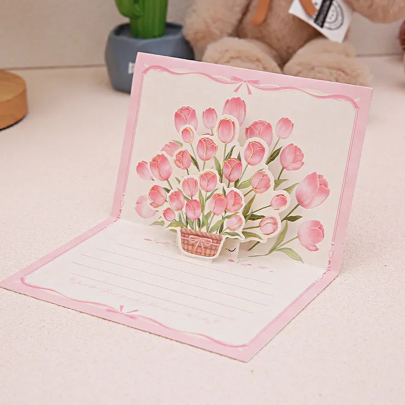Pop-Up 3d Tulips Roses Sunflowers Bouquet Greeting Card Postcard Mother'S Day Blessings Creative Card Gift For Mother Oasis Select Pink Tulip