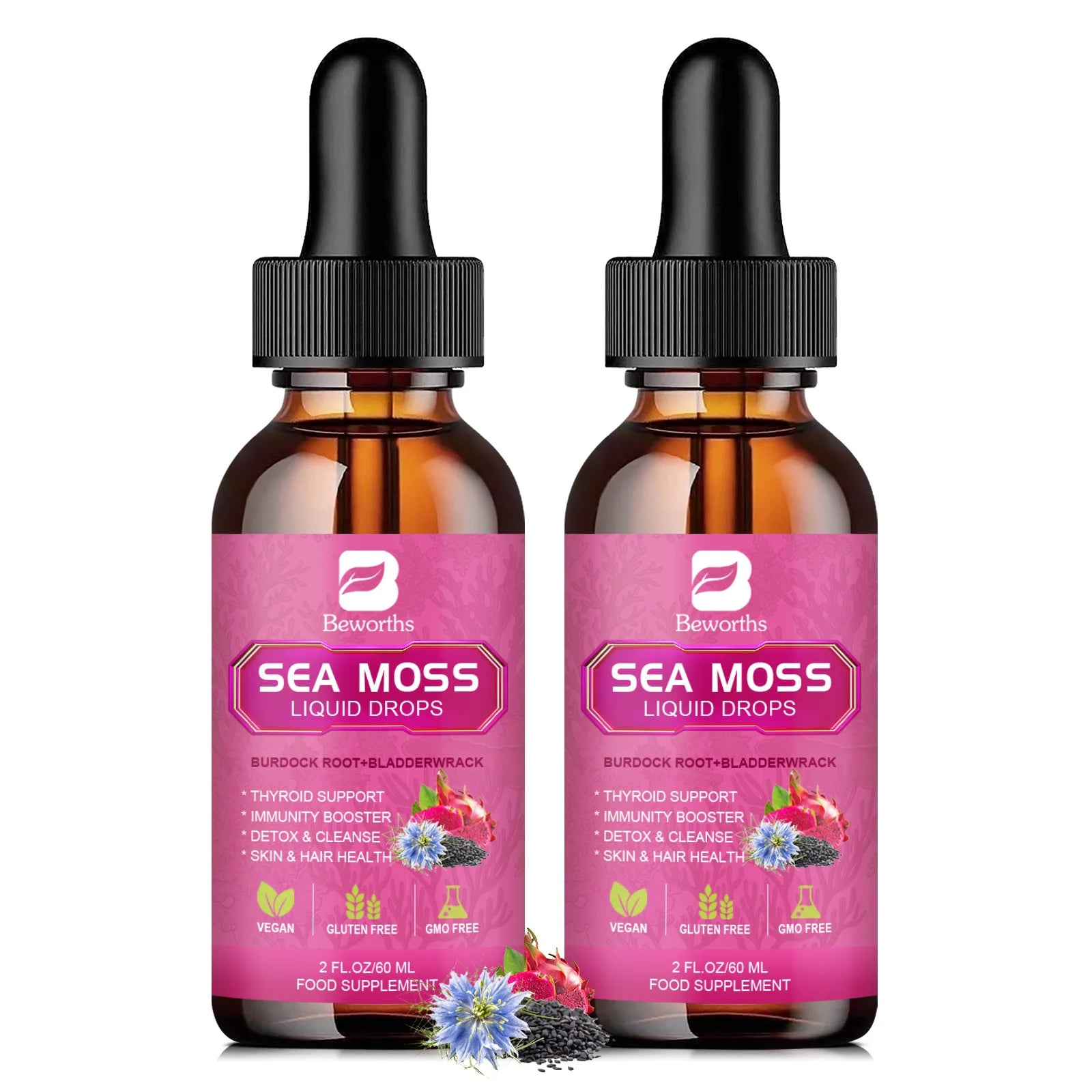 BEWORTHS 3000MG Seamoss Liquid Drop Organic Black Seed Oil & Burdock Root Bladder Enhance Immunity, Hair,Skin & Digestion Health Oasis Select 2bottles United States