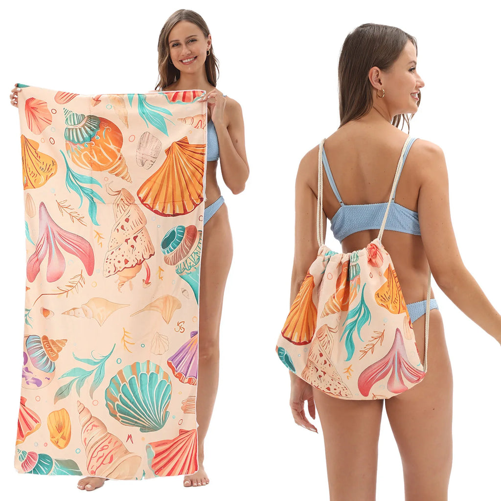 2-in-1 Multifunctional Foldable Beach Towel Printed Bath Towel Integrated Beach Towel Bag for Storage Oasis Select 4 70X140cm
