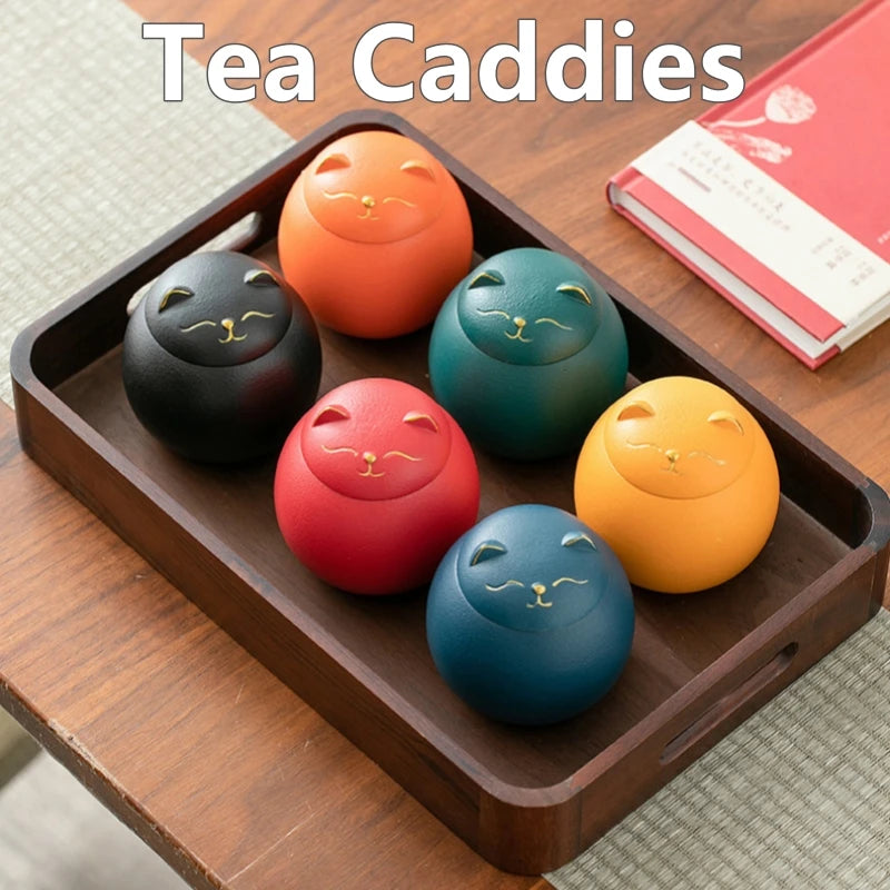 230ML Tea Storage Jar Cute Pets Gradient Color Ceramics Jar Cat Tea Can Moisture Proof Household for Candy Sealed Storage Box Oasis Select