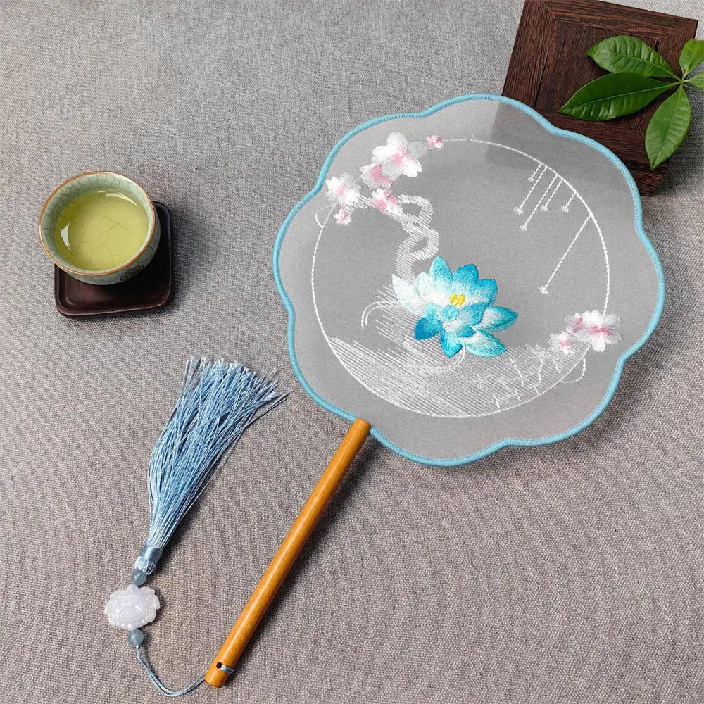Chinese Style Silk Round Fan Double-sided Floral Embroidery Hand Fans with Tassel Summer Dance Fan For Women Wedding Home Decor Oasis Select 15