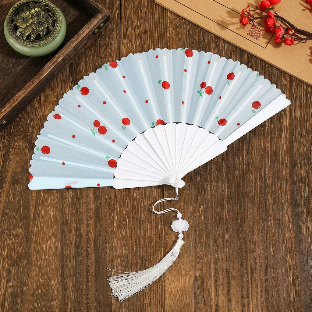 Portable Fruit Pattern Folding Hand Fan Plastic Frame Fabric Fan With Tassel Summer Cooling Fans Dance Performance Home Decor Oasis Select 5