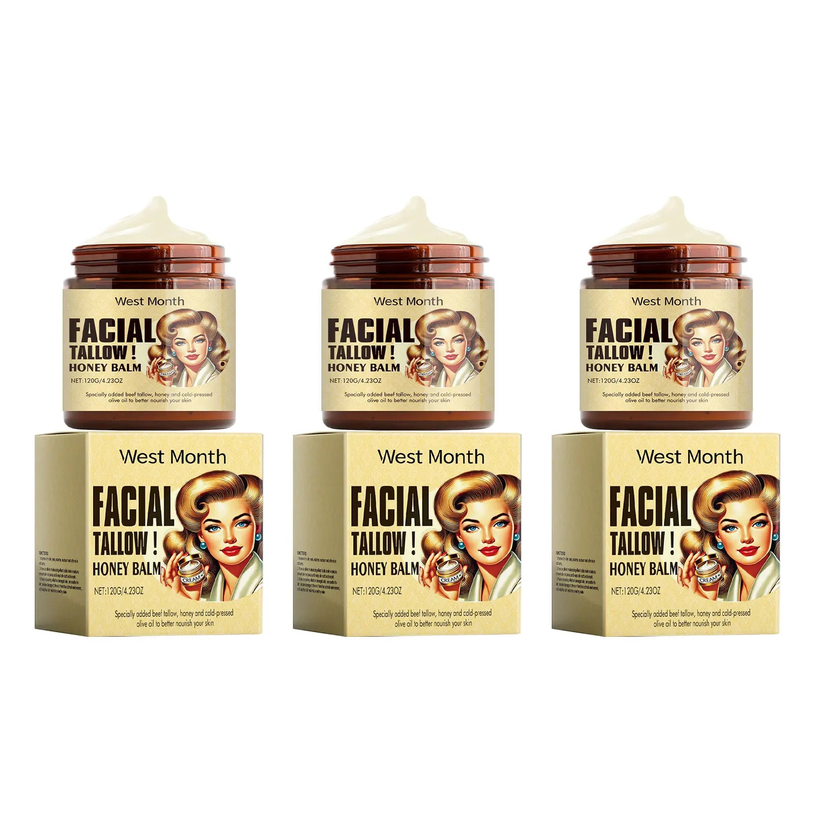 Beef Tallow Face Cream Lasting Moisturizing Soothing Repair Damaged Skin Increase Facial Elasticity Nourishing Smooth Skin Care Oasis Select 3 X 120g boxed