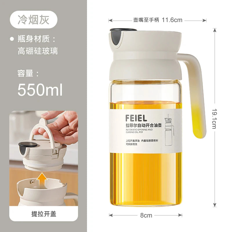 Gravity Oil Pot Automatic Opening and Closing Oil Bottle Household Kitchen Oil-free High Borosilicate Glass Seasoning Bottle Oasis Select Set of 1