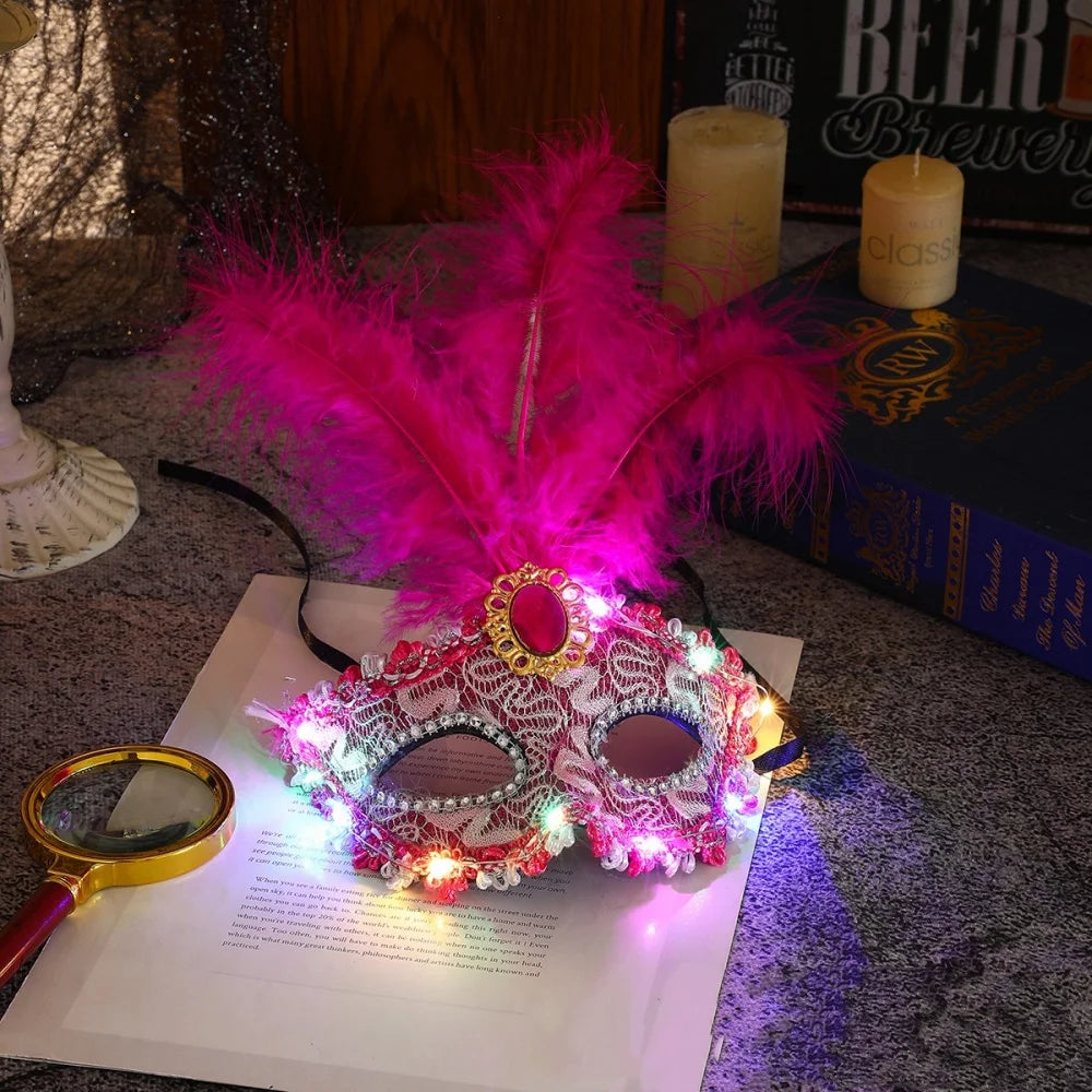1Pcs Venetian Venice Glowing Feather Led Masks Woman Fancy Dance Party Eye Mask Carnival Halloween Masquerade Cosplay Costume Oasis Select Rose red