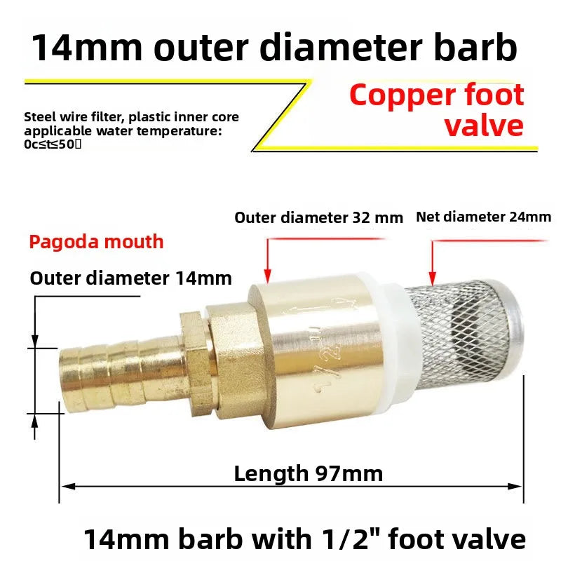 Copper Tower Bottom Valve with Filter Screen Check Valve, Self-priming Pump Inlet Anti Backflow Spring Insertion Pipe Filter Oasis Select Outer diameter 14mm 6-point bottom valve
